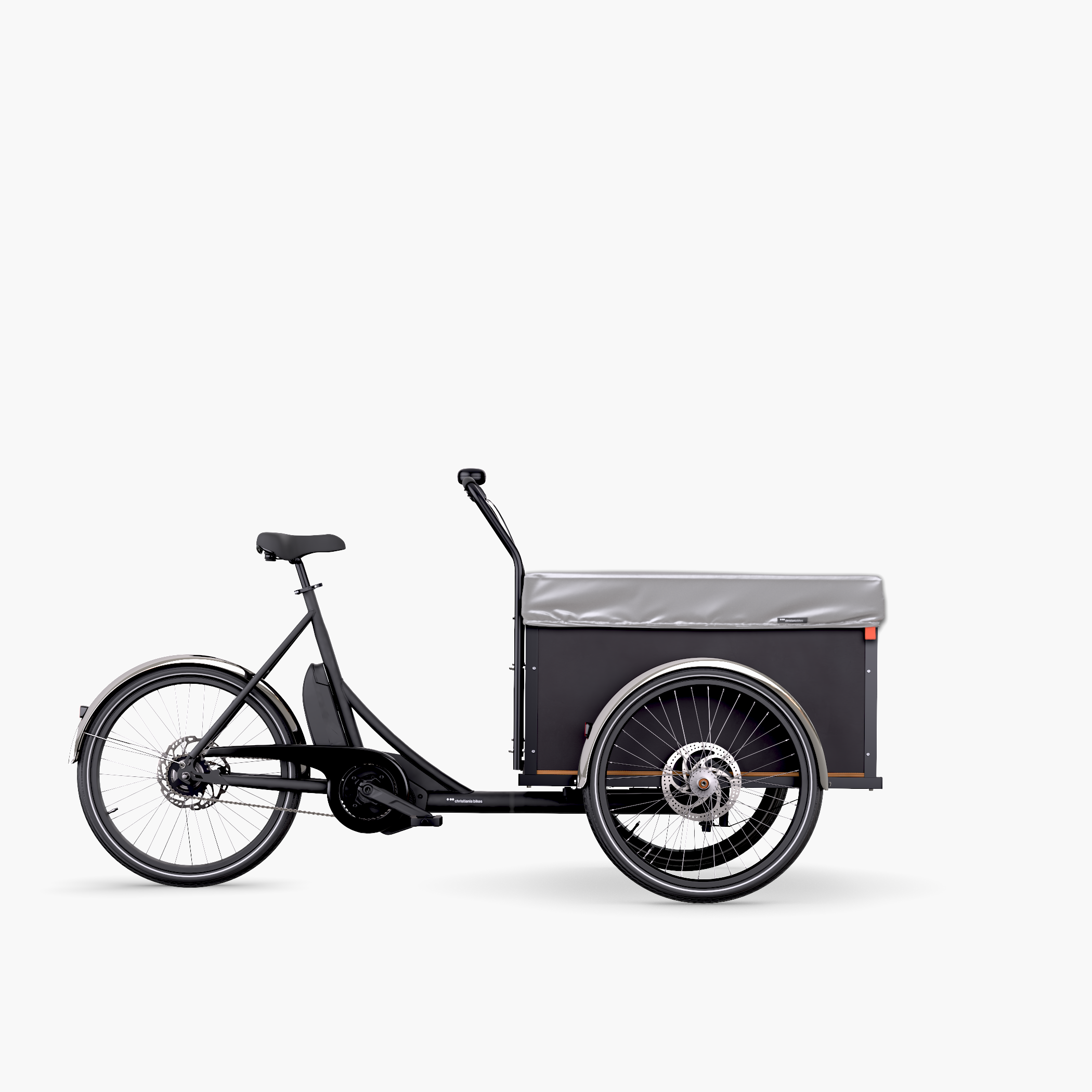 Black Christiania Classic midDrive cargo bike with a raincover