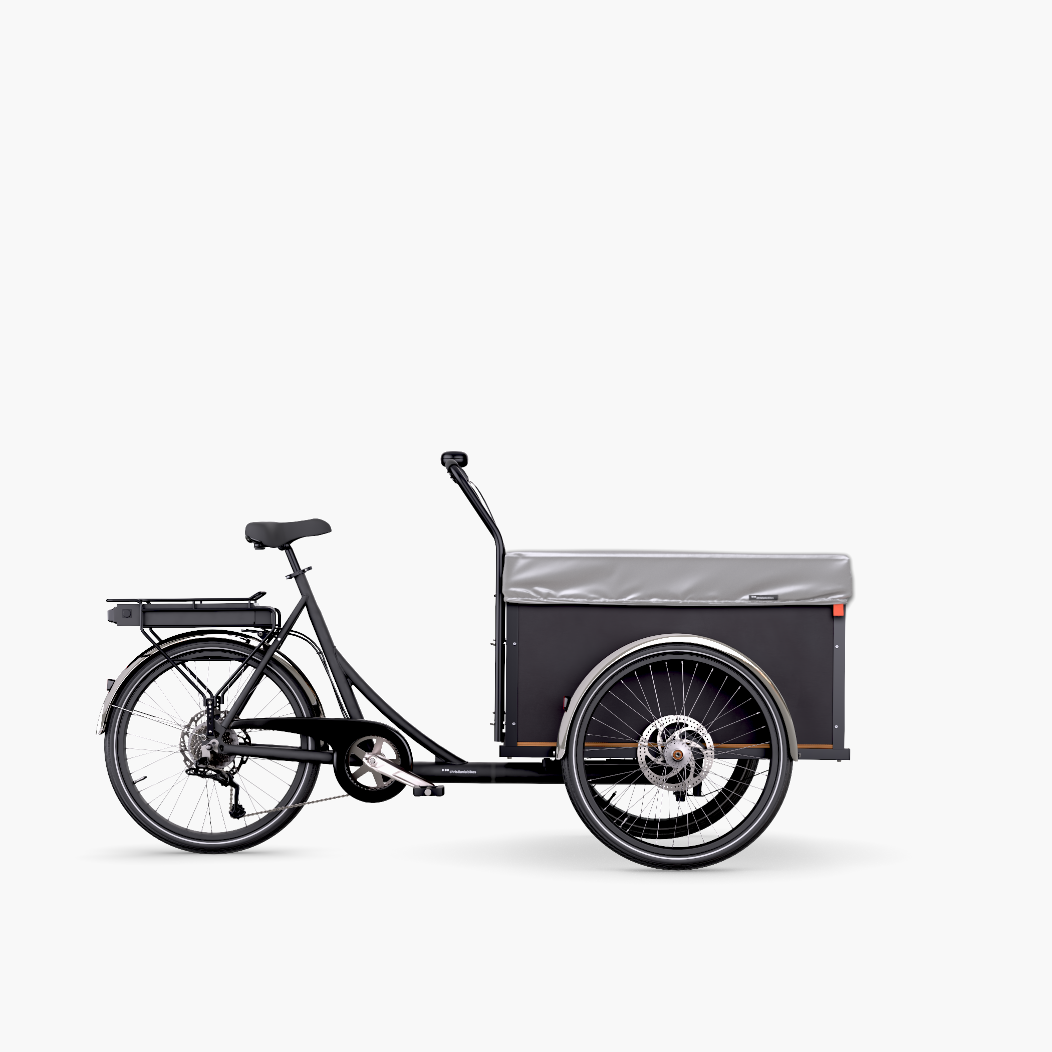 Black Christiania Classic rearDrive cargo bike with a raincover
