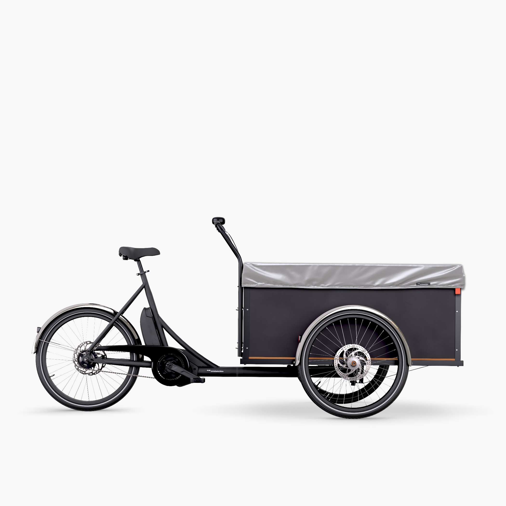 Black Christiania Cargo Long midDrive cargo bike with raincover