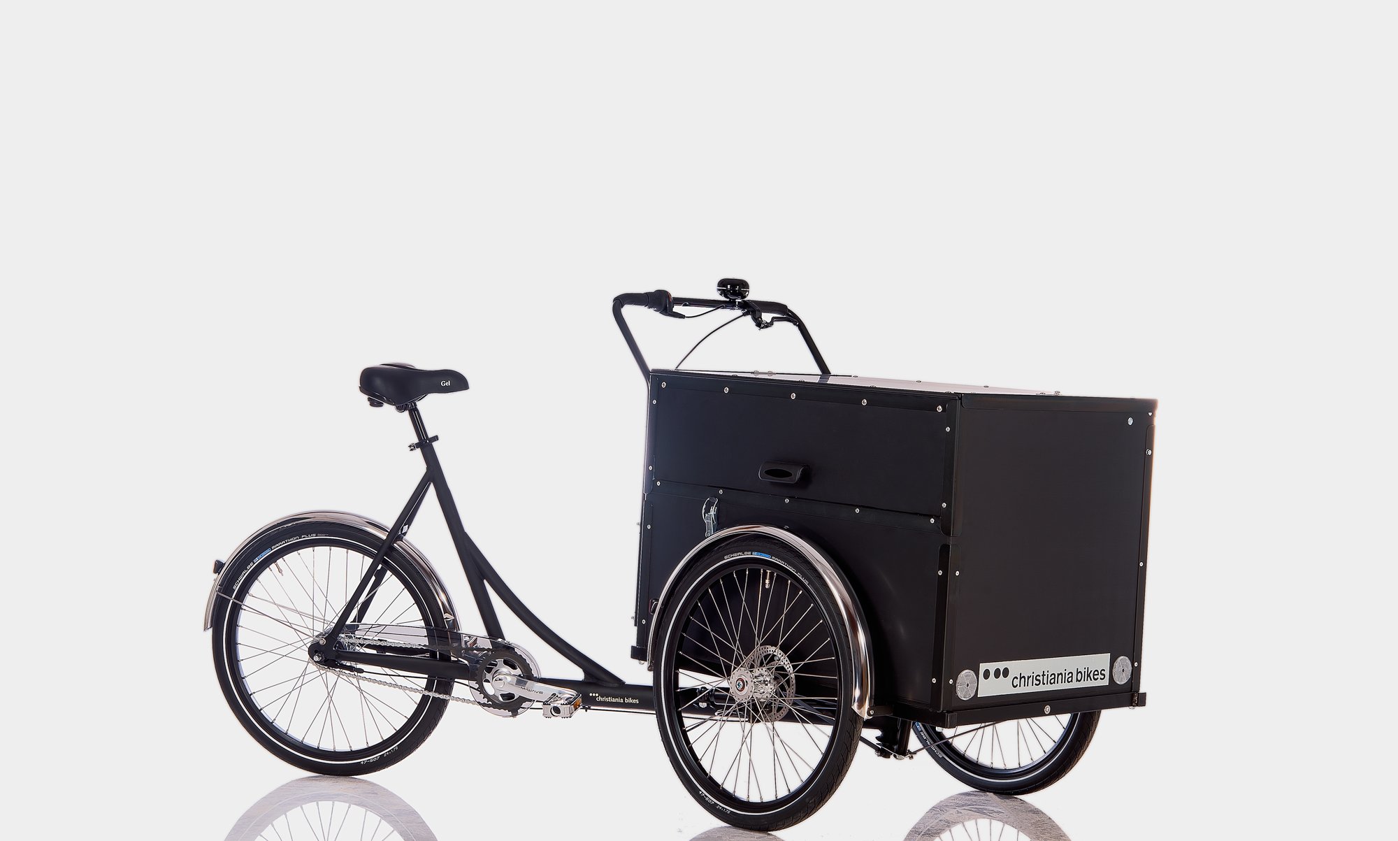 Black Christiania cargo bike with Post Box comparment