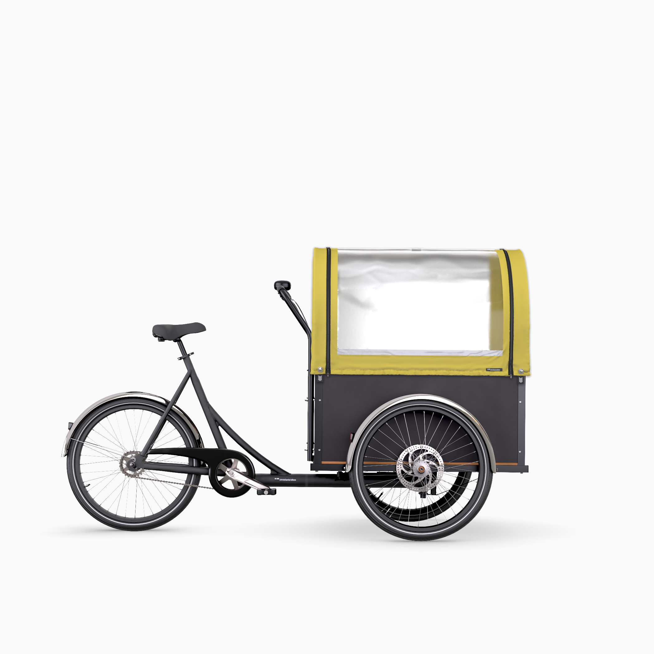 Black Christiania Straight 7 speed cargo bike with yellow Praerie hood