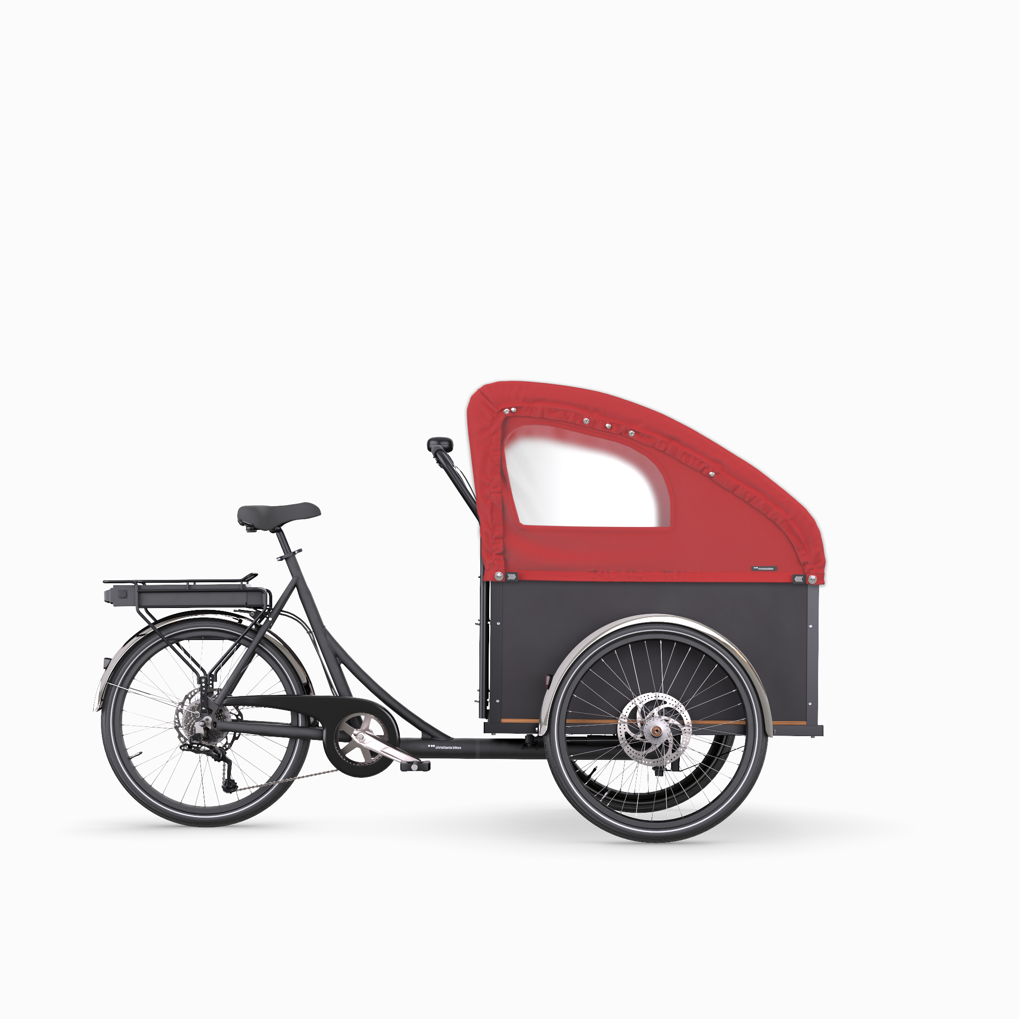 Black Christiania Straight rearDrive cargo bike with red Bugatti hood