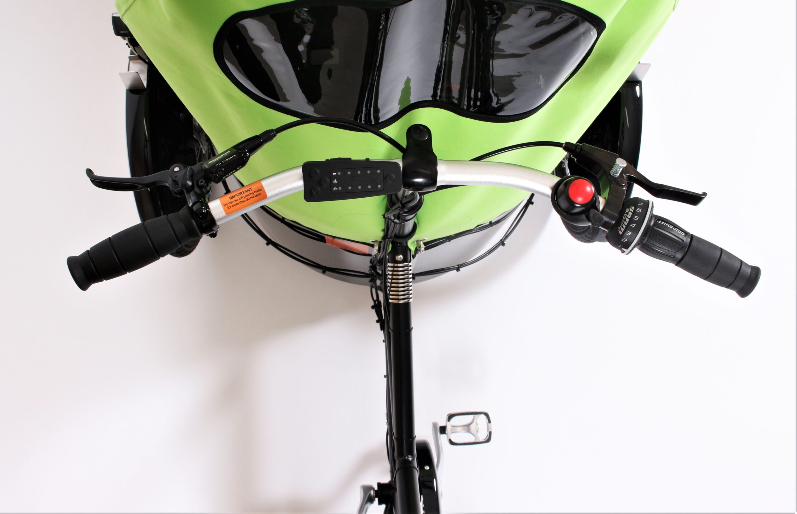 Top view of the handlebars of a Nihola Family cargo bike