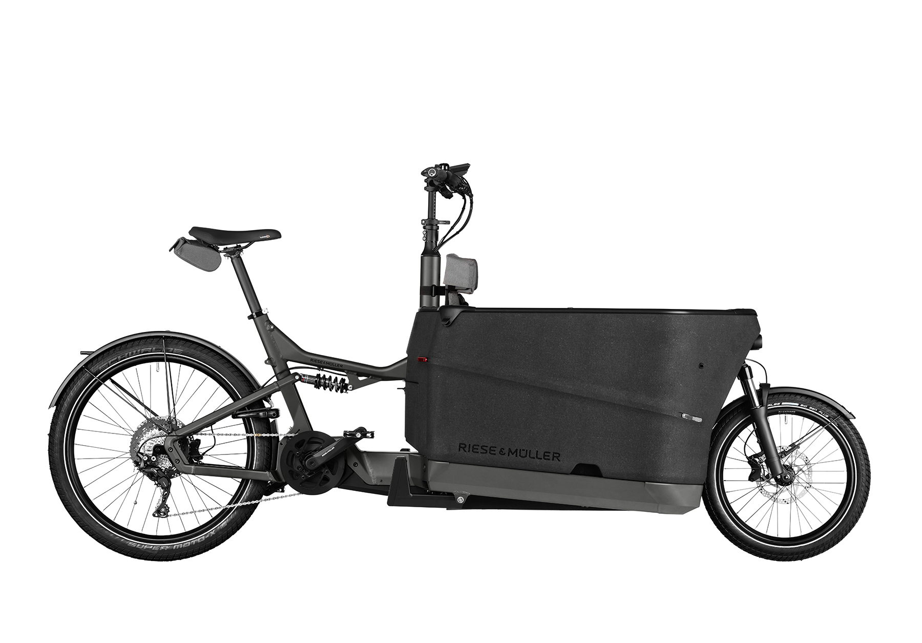 A urbangrey Riese and Muller Packster2 70 CT Touring cargo bike with box and child seat