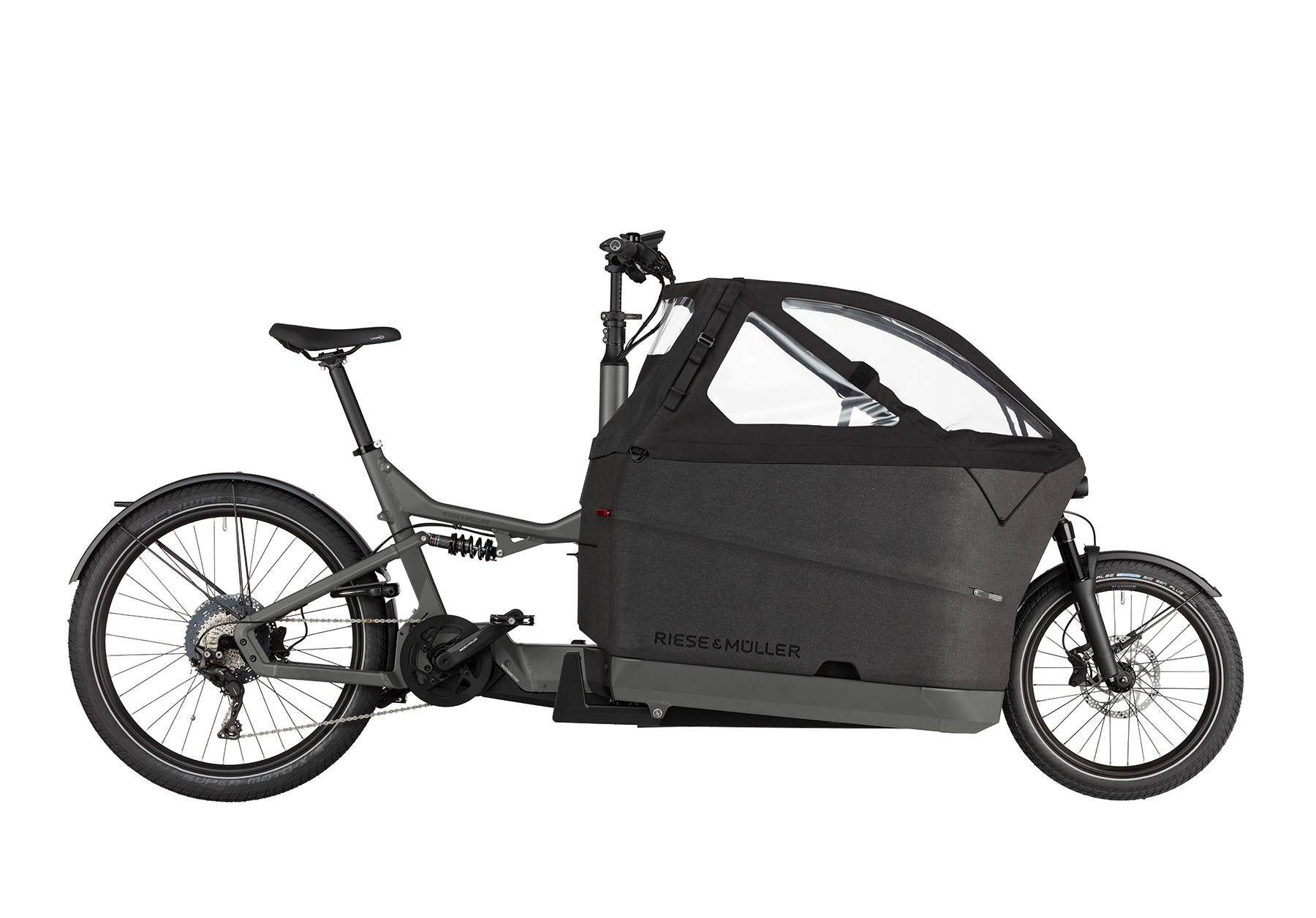 A urbangrey Riese and Muller Packster2 70 CT Touring cargo bike with child cover