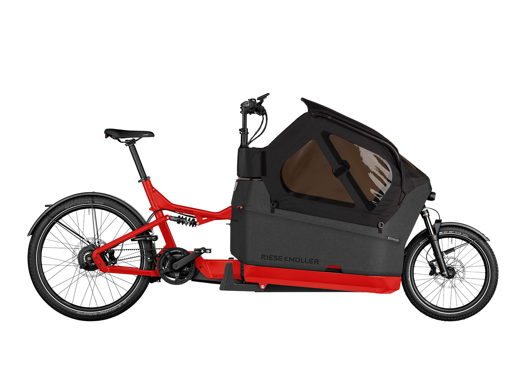 A red Riese and Muller Packster2 70 CT Vario cargo bike with Buggy 