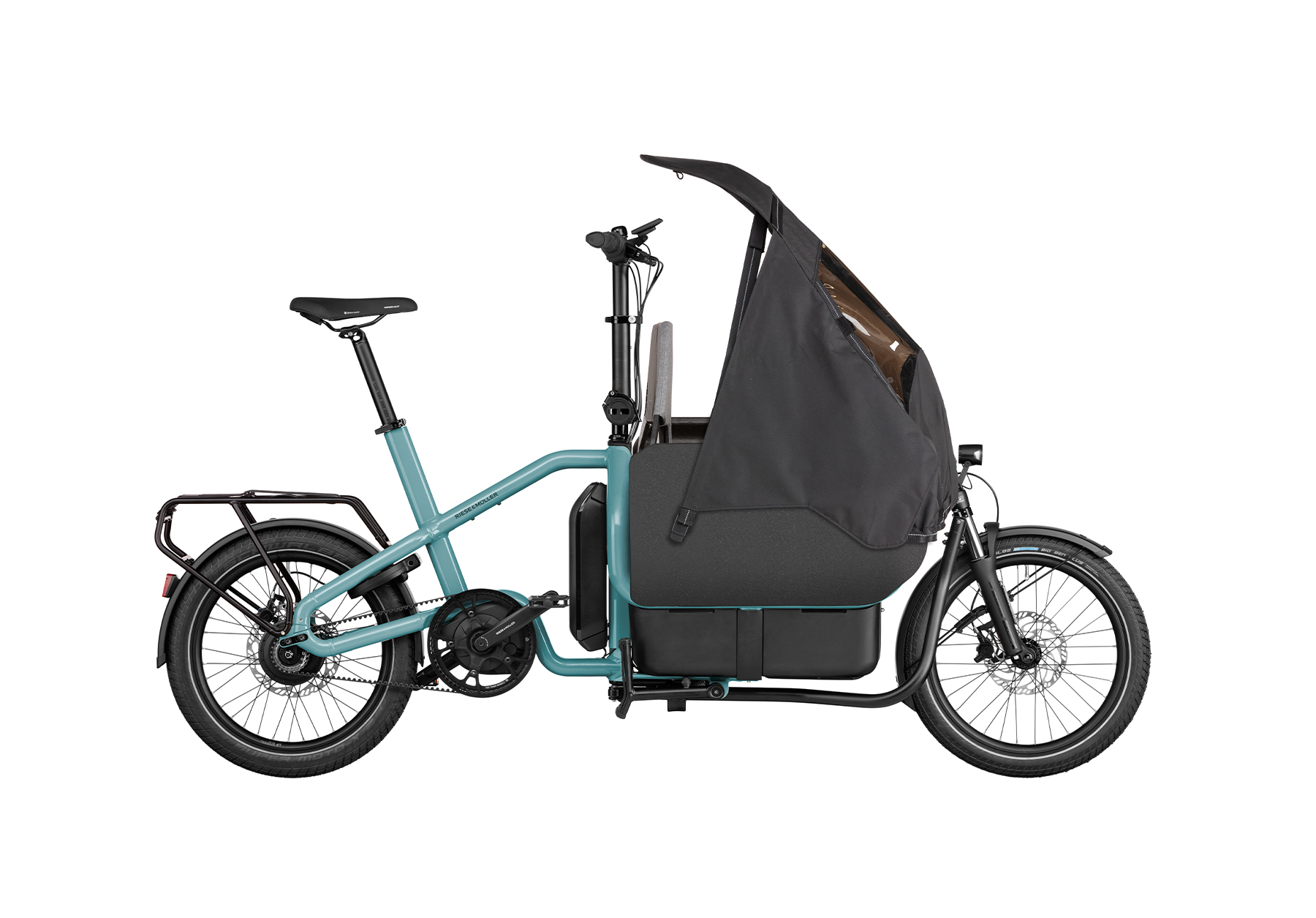 Aqua coloured Riese and Muller Carrie Vario cargo bike with flexbox and children rain cover