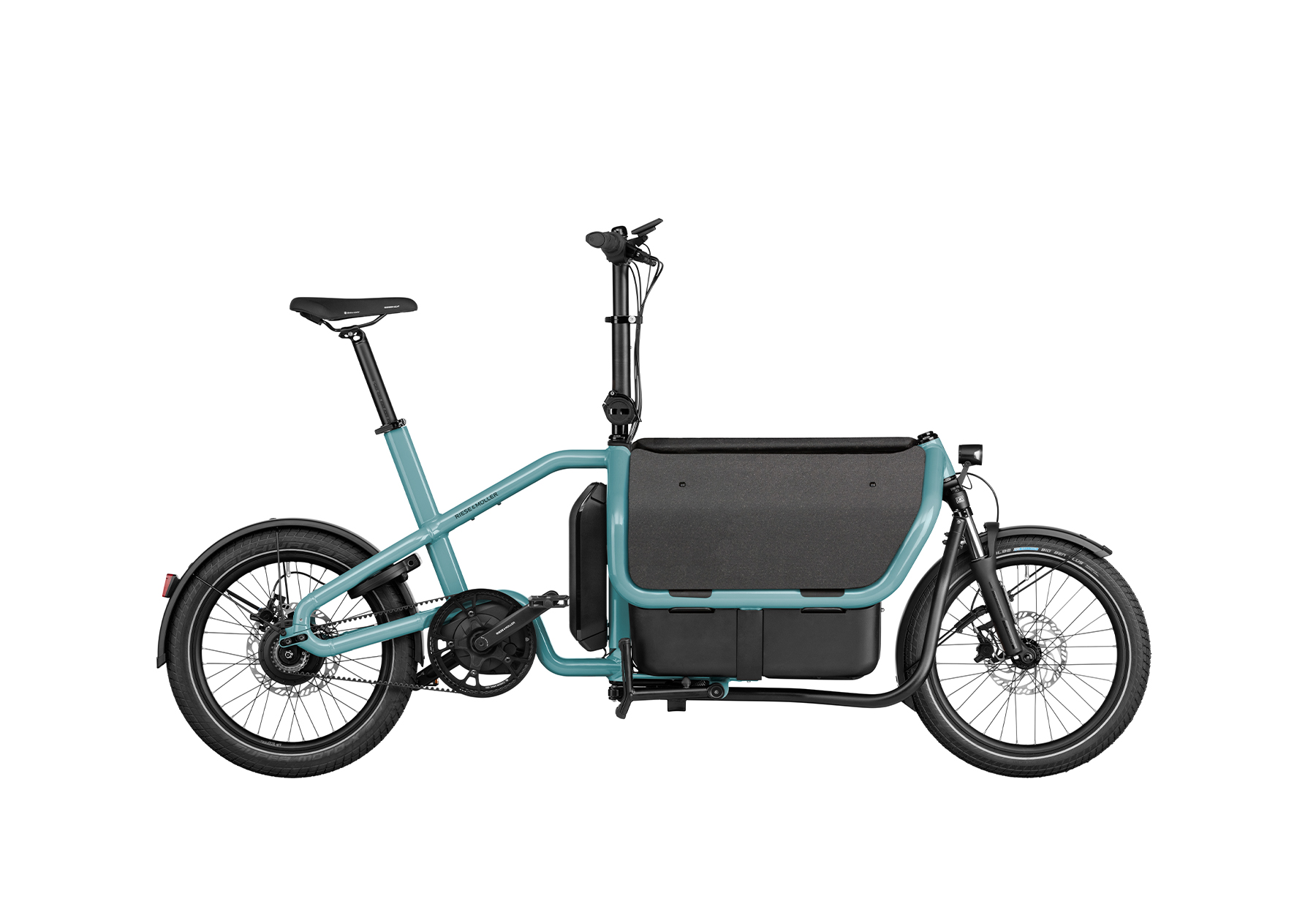 Aqua coloured Riese and Muller Carrie Vario cargo bike with flexbox