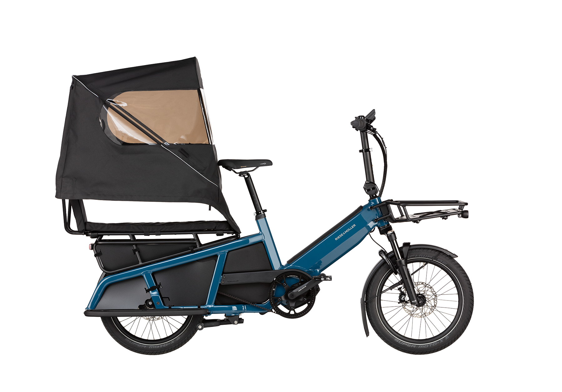 Petrol blue Riese & Muller Multitinker cargo bike with raintent