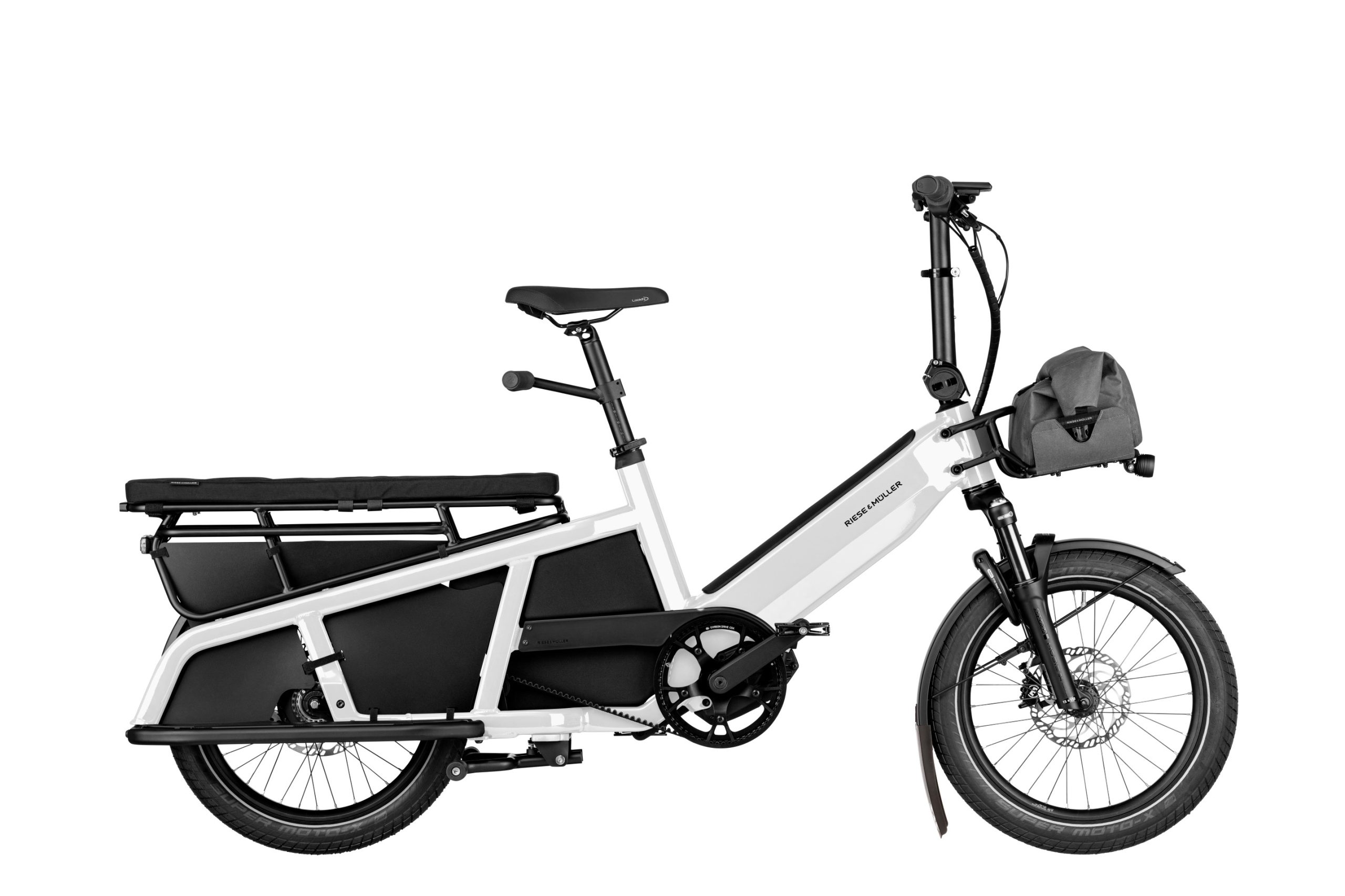 Polar white Riese & Muller Multitinker cargo bike with frontbag