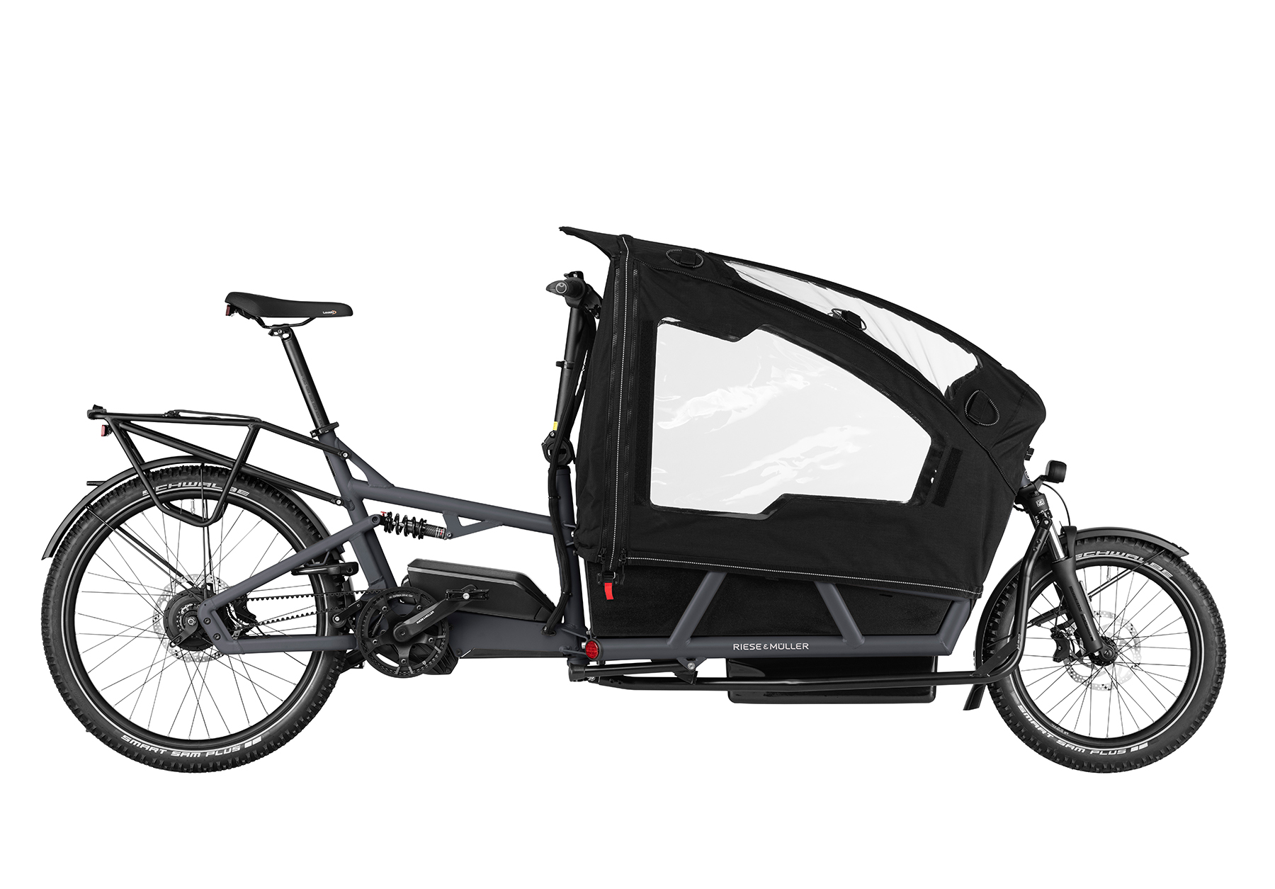 A grey Riese and Muller Load4 75 Vario cargo bike with child cover