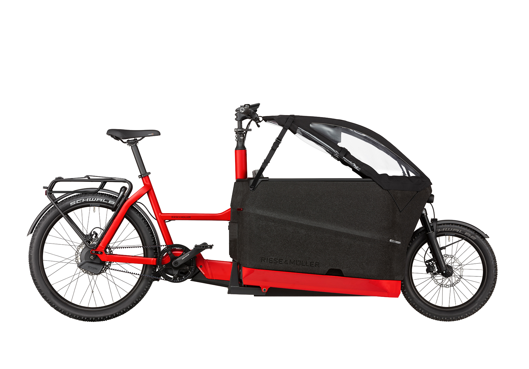 A red Riese and Muller Packster2 70 Auto cargo bike with childcover