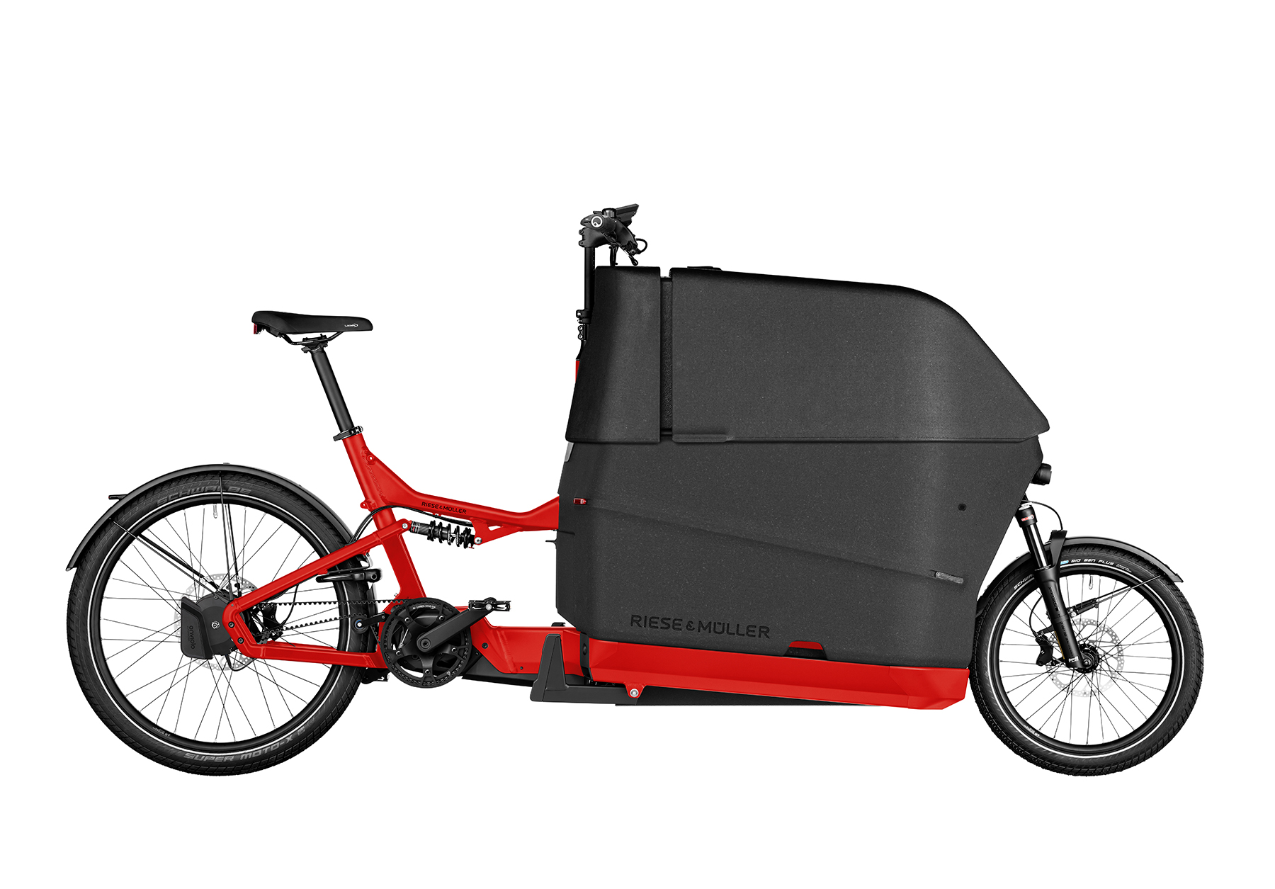 A red Riese and Muller Packster2 70 CT Auto cargo bike with high cover box