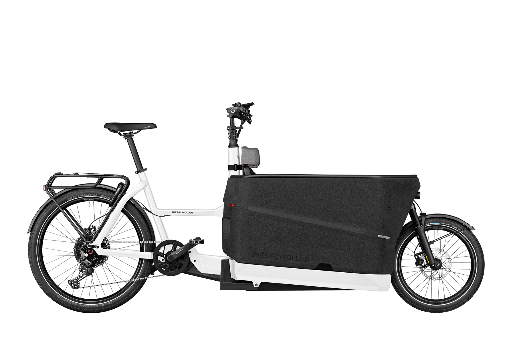 A white Riese and Muller Packster2 70 Touring cargo bike with child seat