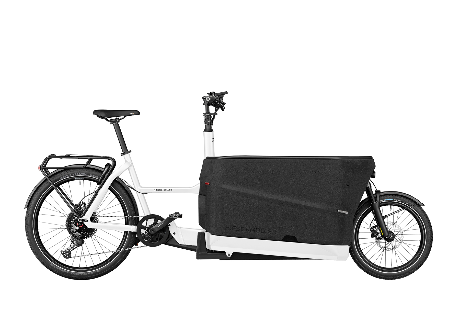 A white Riese and Muller Packster2 70 Touring cargo bike