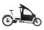 A white Riese and Muller Transporter2 65 vario cargo bike with child cover