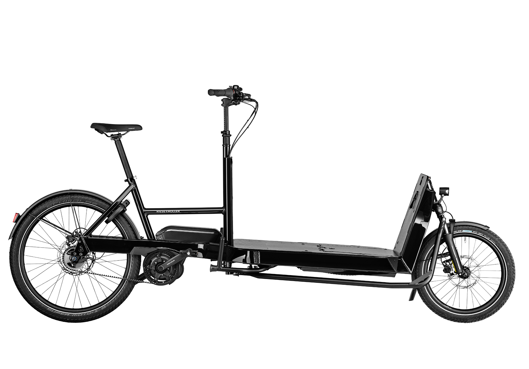 A black Riese and Muller Transporter2 85 Silent cargo bike