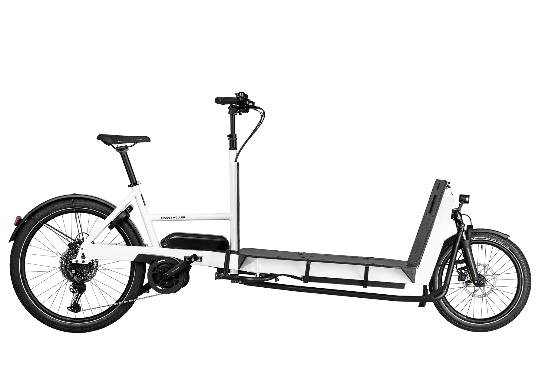 A white Riese and Muller Transporter2 85 Touring cargo bike
