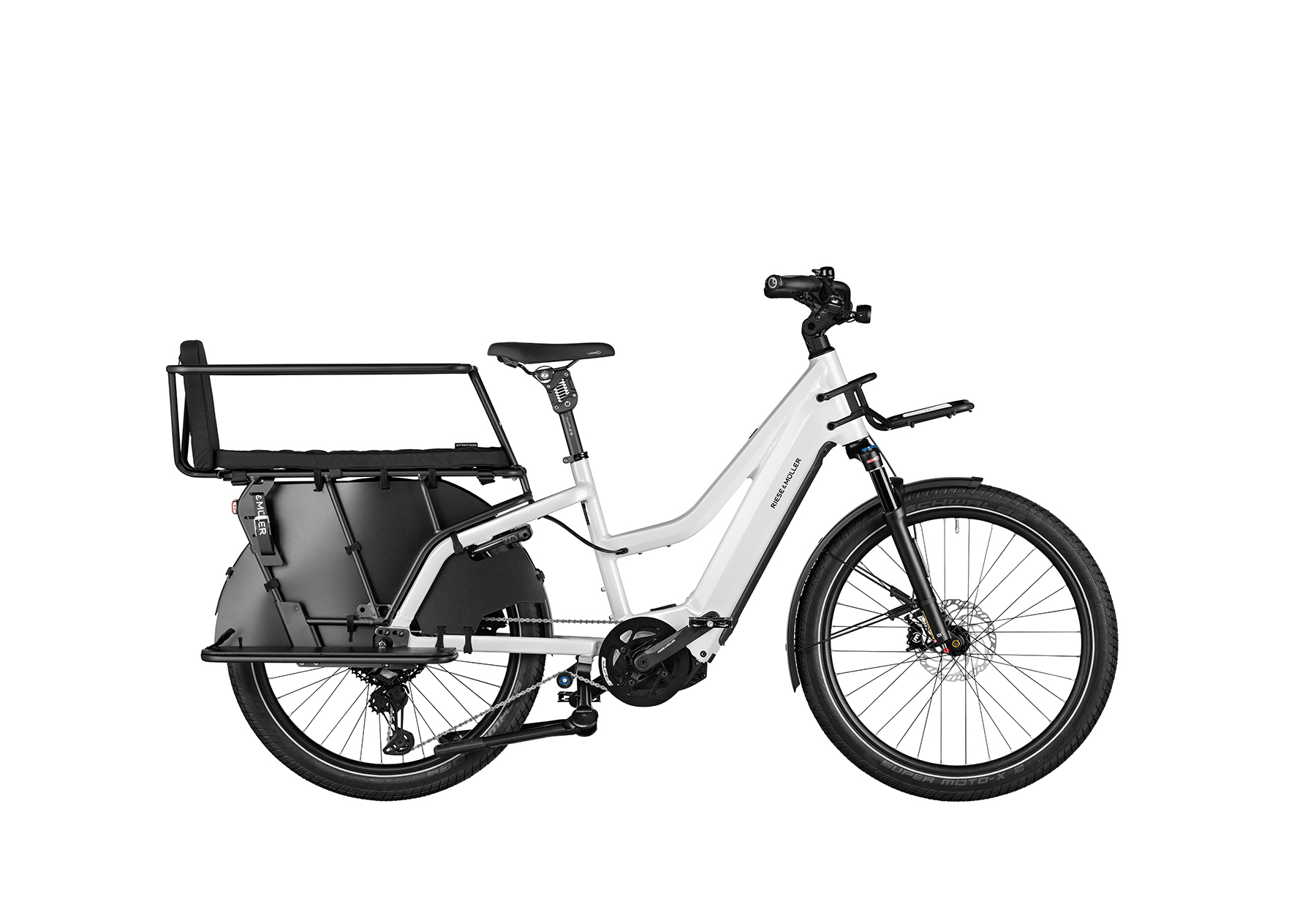 A polarwhite Riese and Muller Multicharger2 Mixte GT Vario cargo bike with safety bar