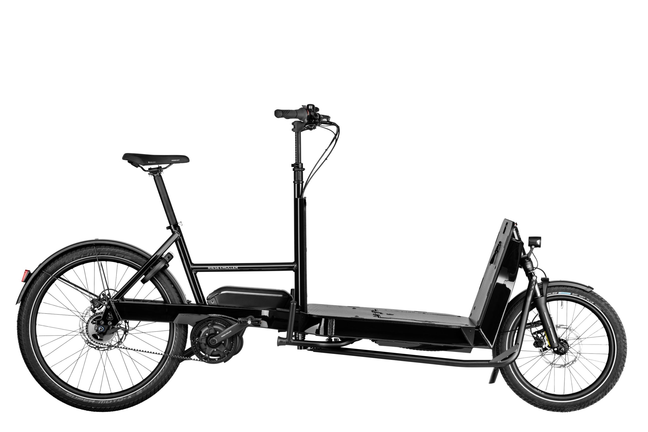 A black Riese and Muller Transporter2 65 Silent cargo bike