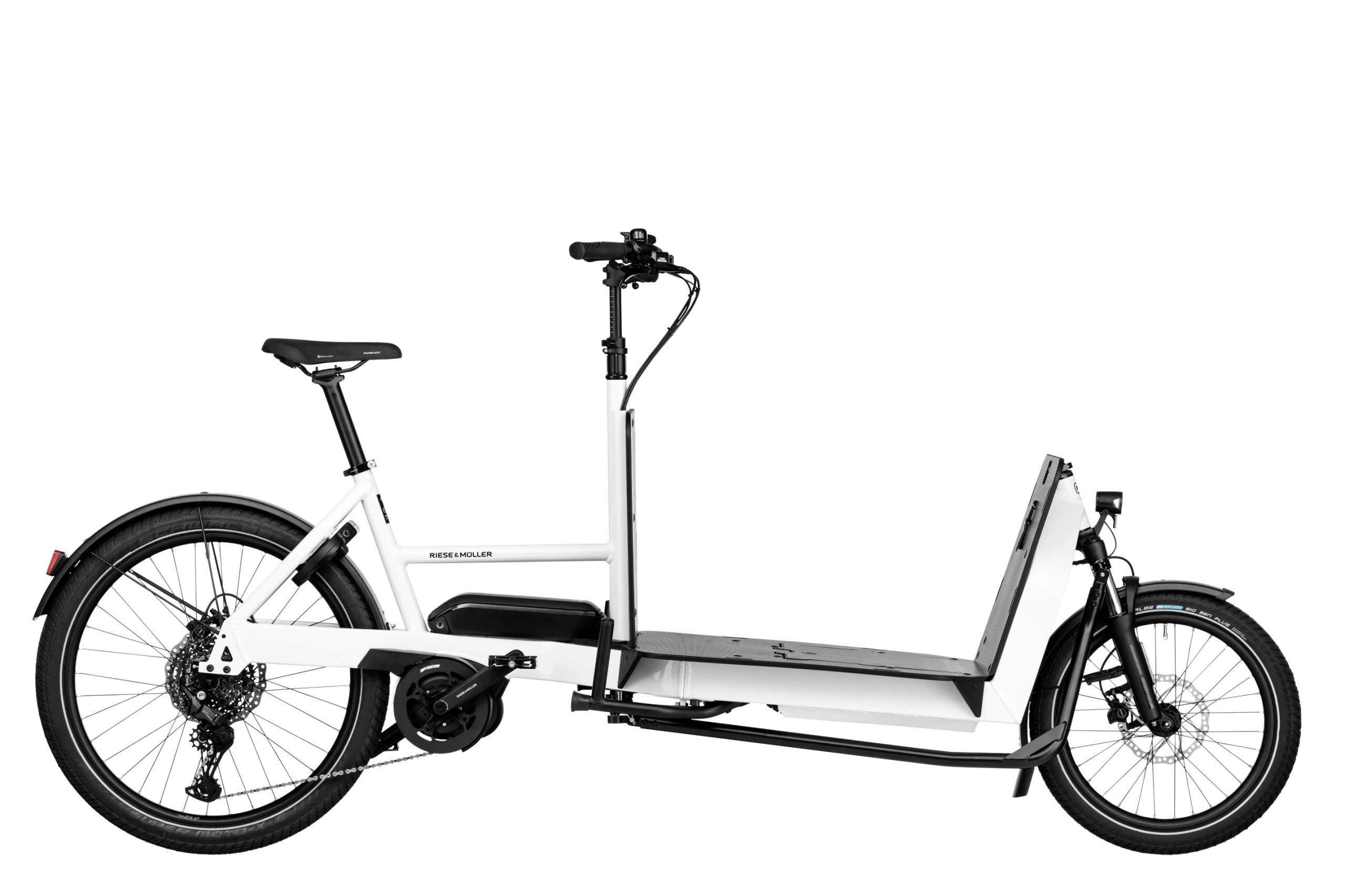 A white Riese and Muller Transporter2 65 Touring cargo bike
