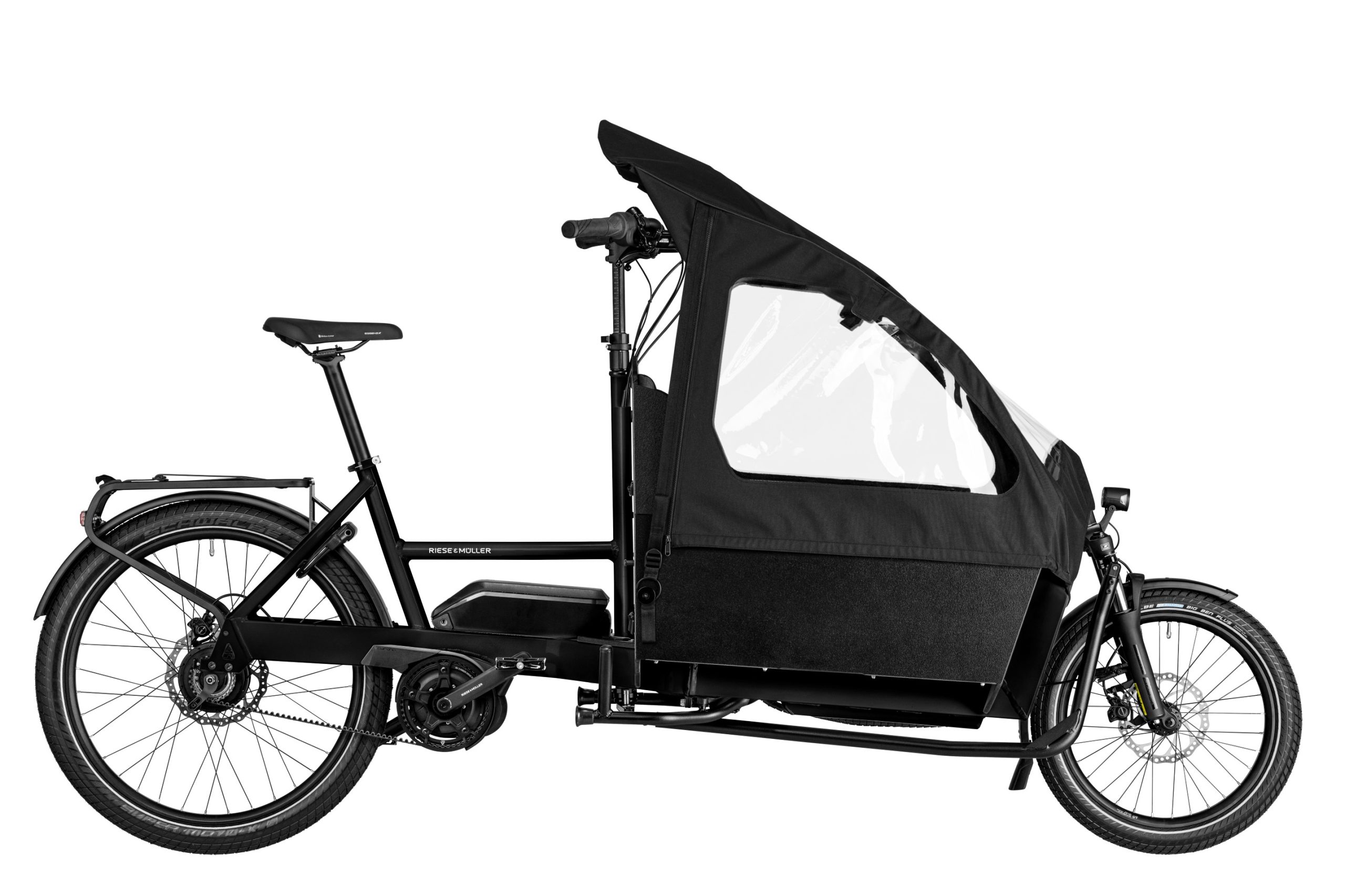 A black Riese and Muller Transporter2 65 Vario cargo bike with child cover