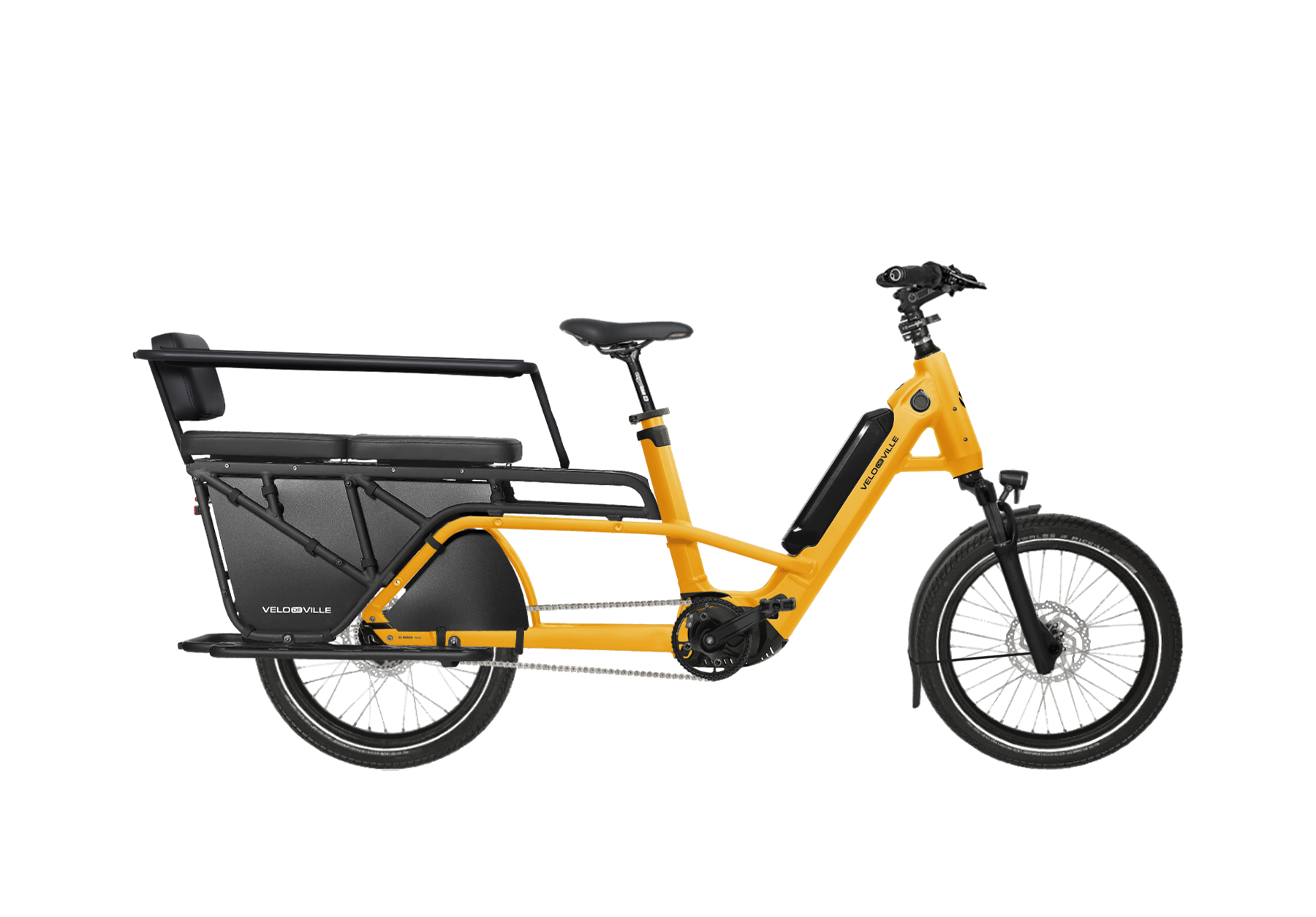 A yellow VDV Loady cargo bike