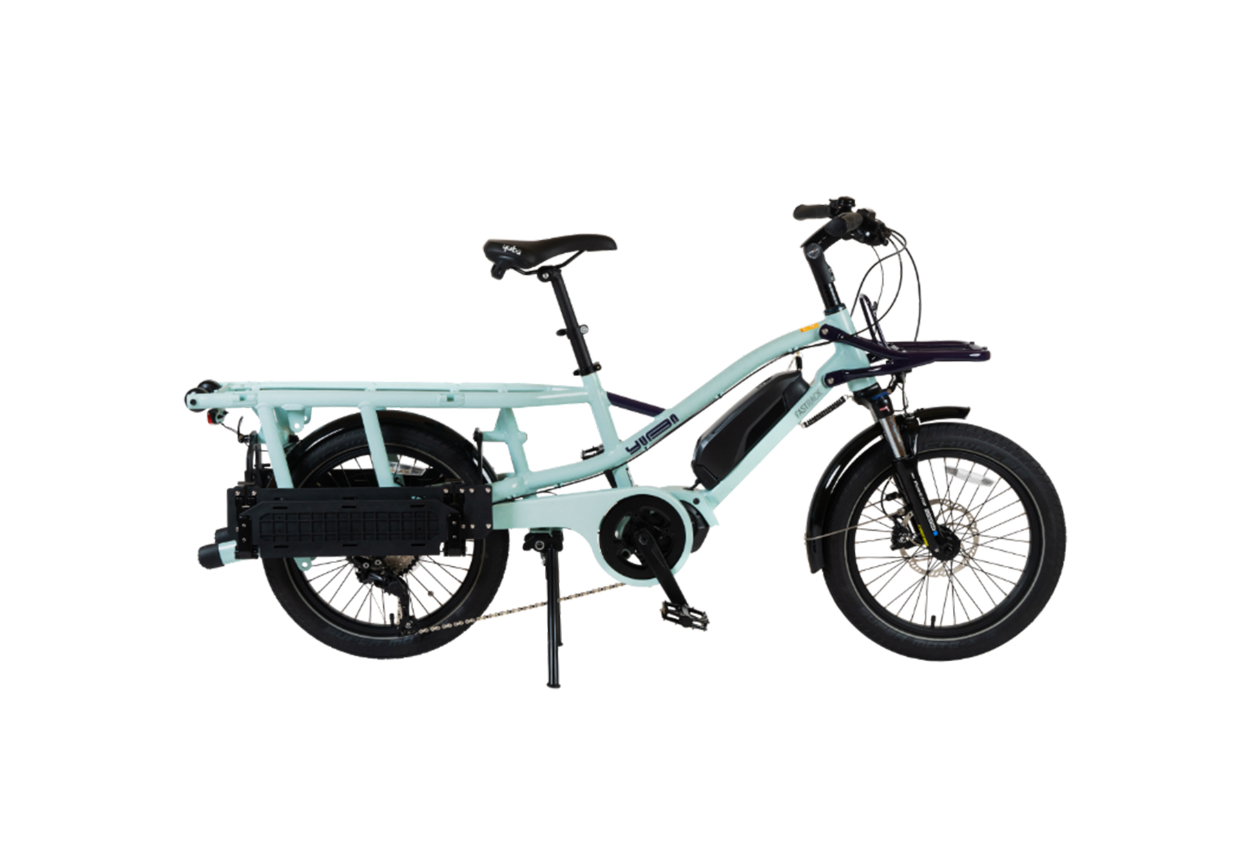 A blue Yuba Fastrack cargo bike