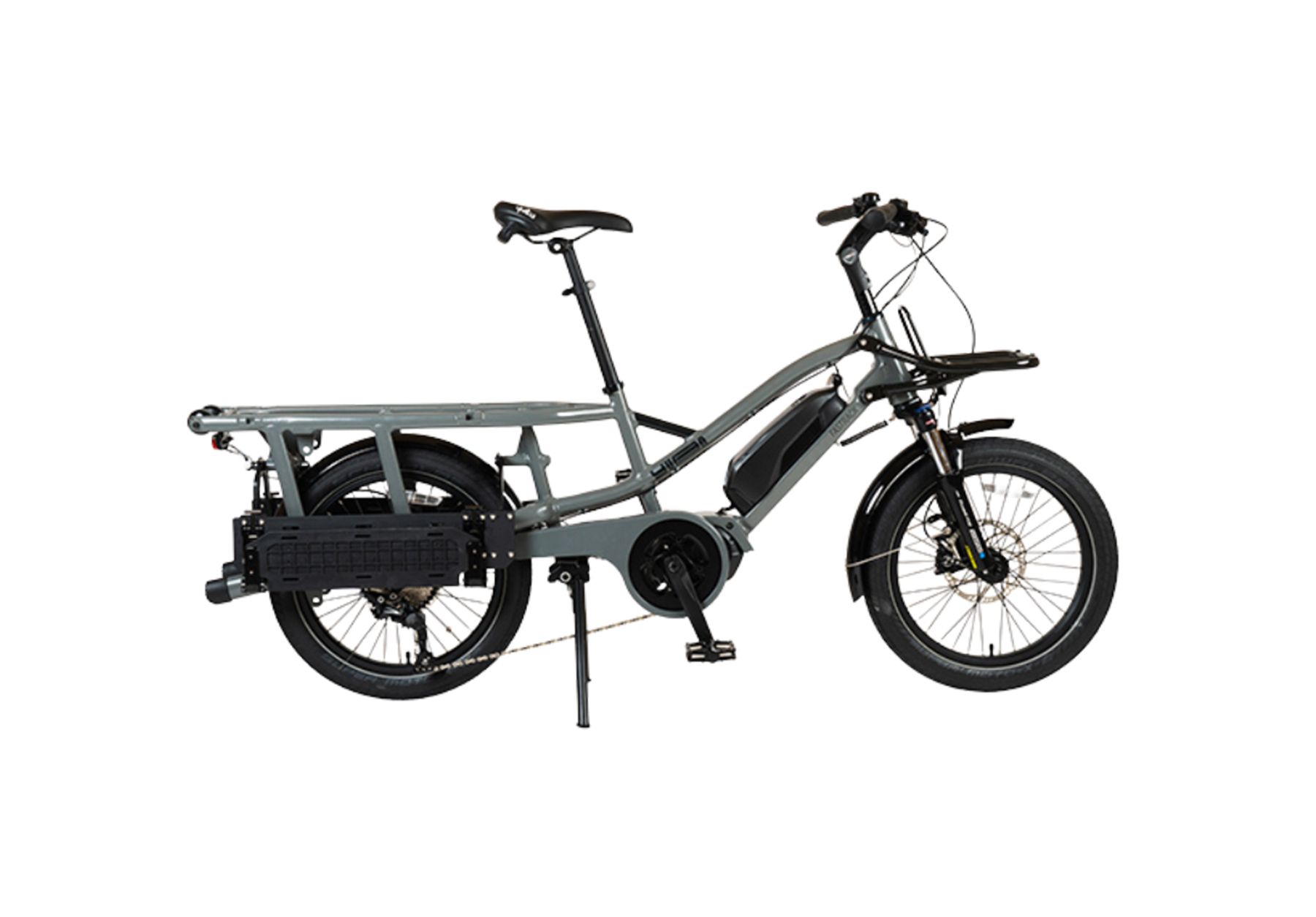 A grey Yuba Fastrack cargo bike