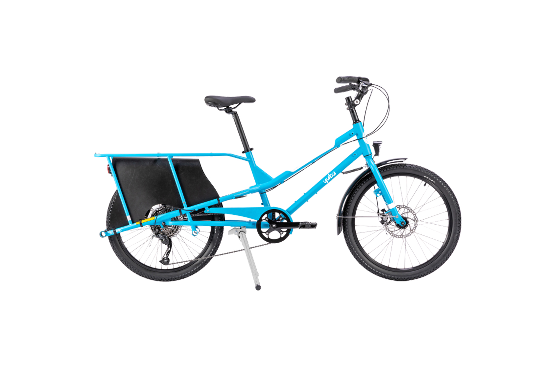 A blue Yuba Kombi cargo bike