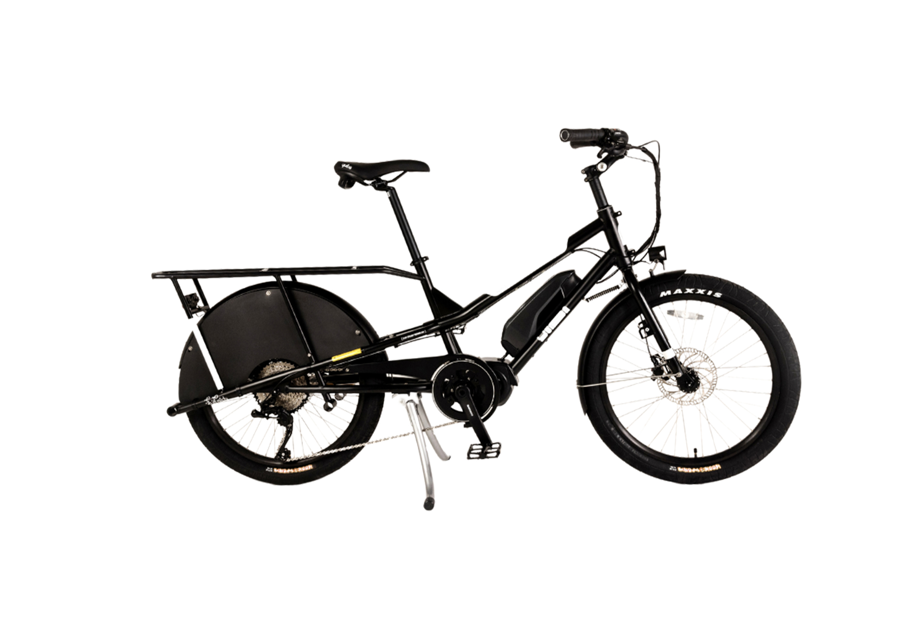 A black Yuba Kombi e6 cargo bike