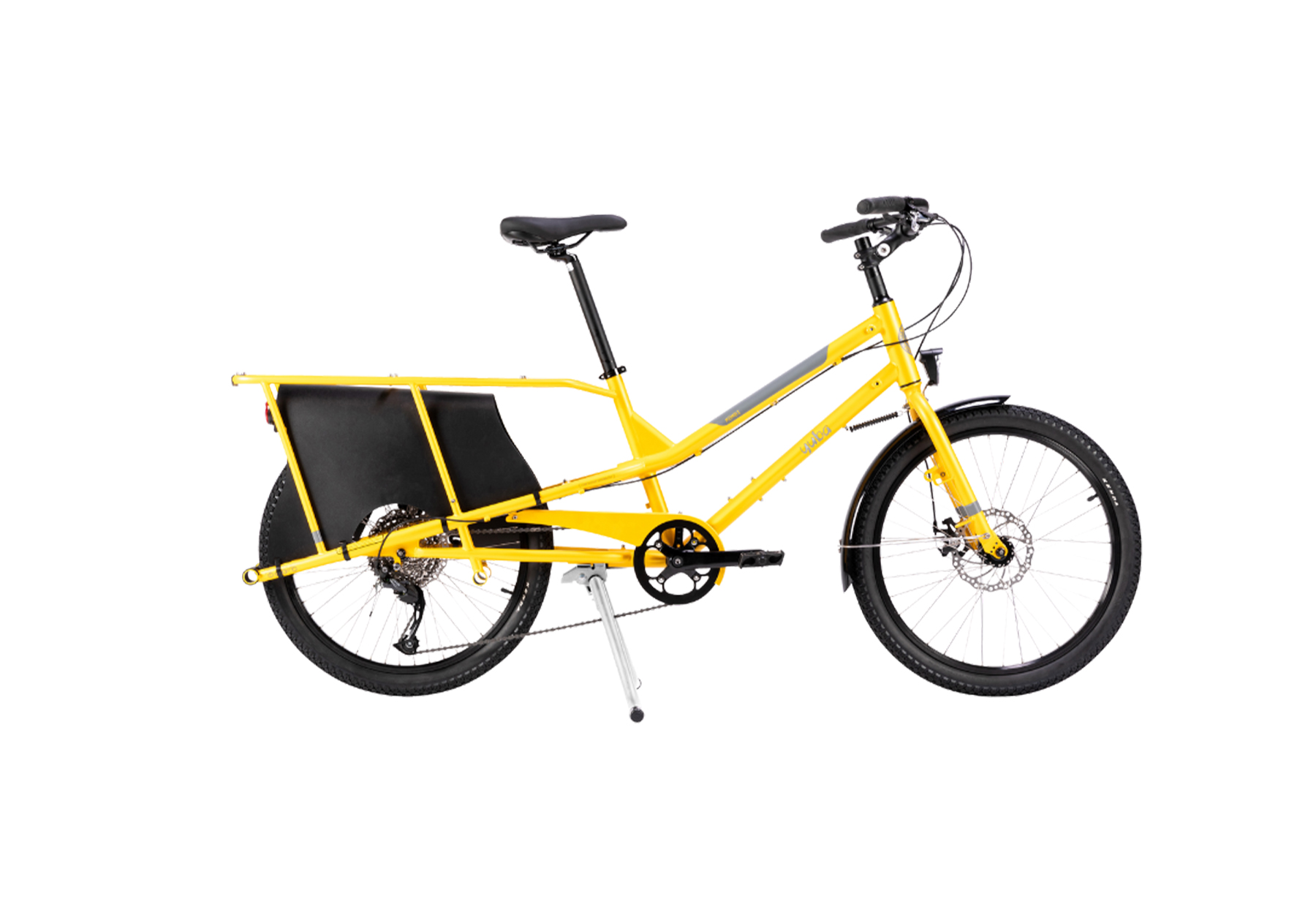 A yellow Yuba Kombi cargo bike
