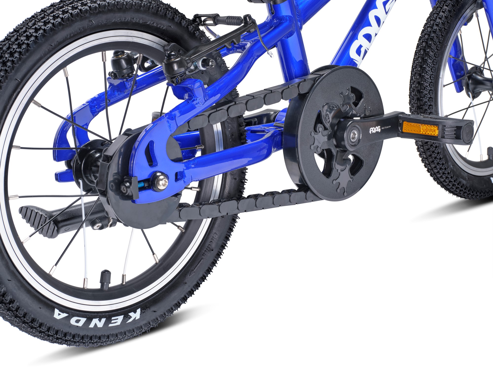 Close up of the chainguard of an electric blue Frog 38 bike