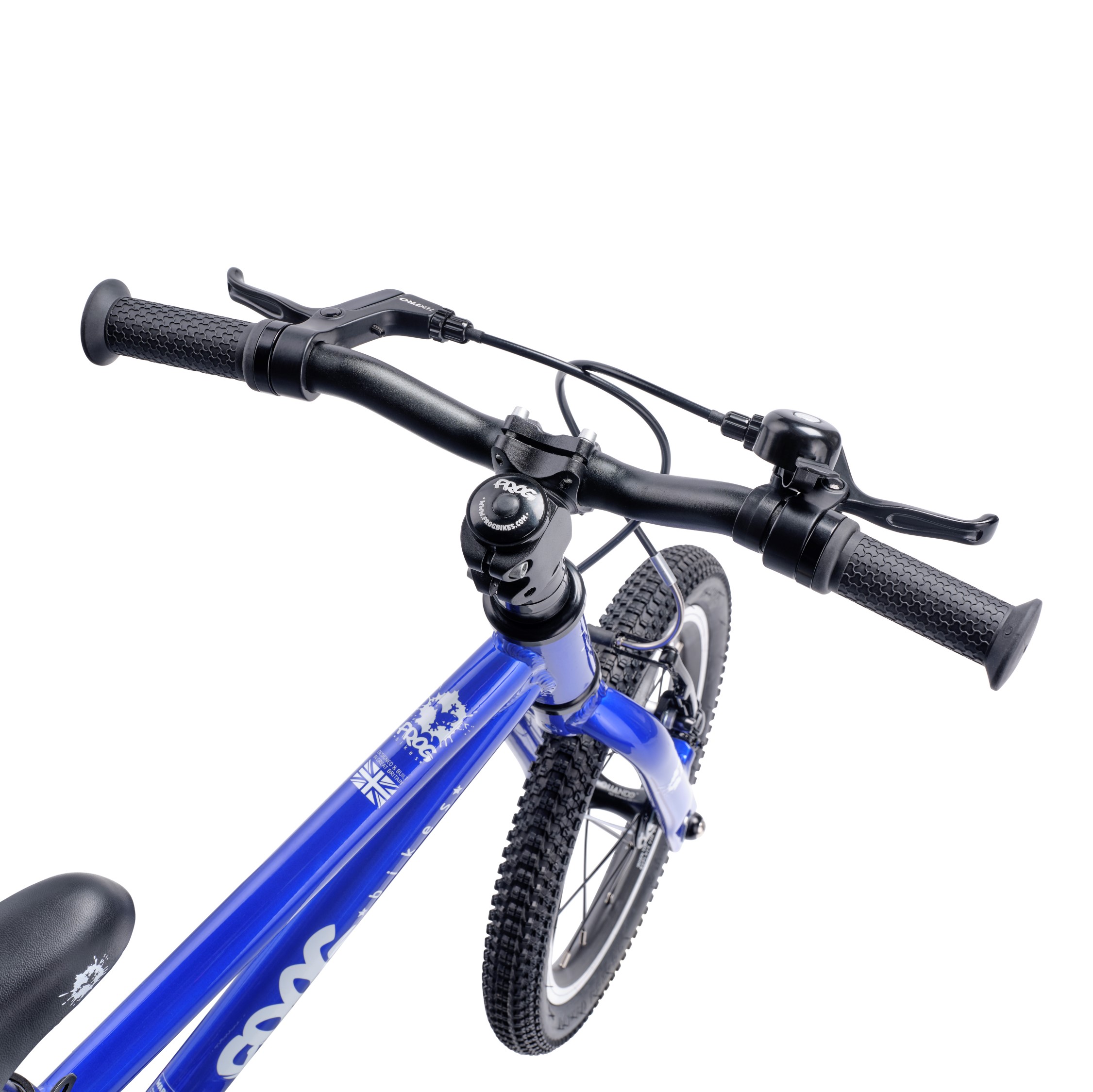 Top view of the handlebars of an electric blue Frog 38 bike