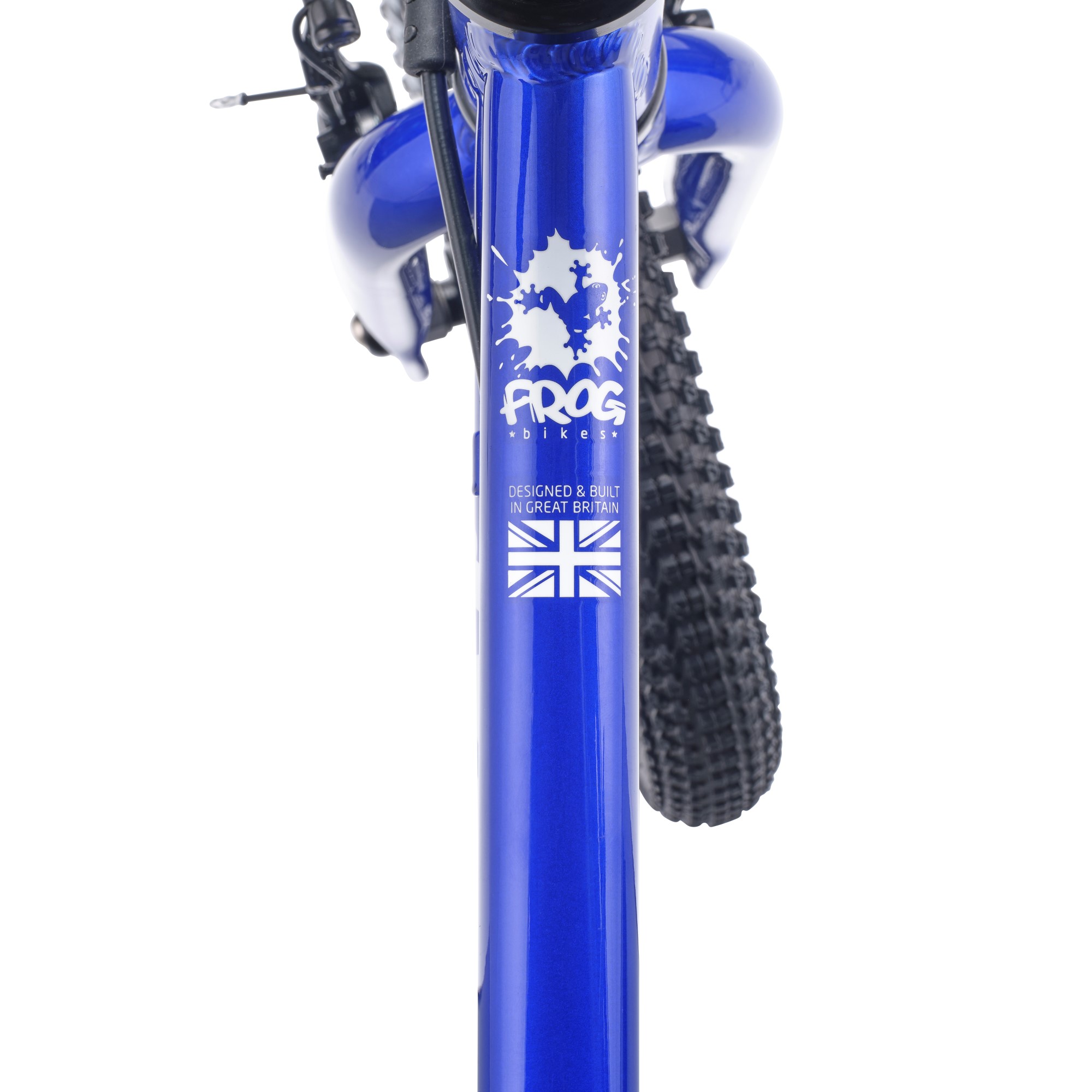 Closeup of the top tube of a electric blue Frog 38 bike