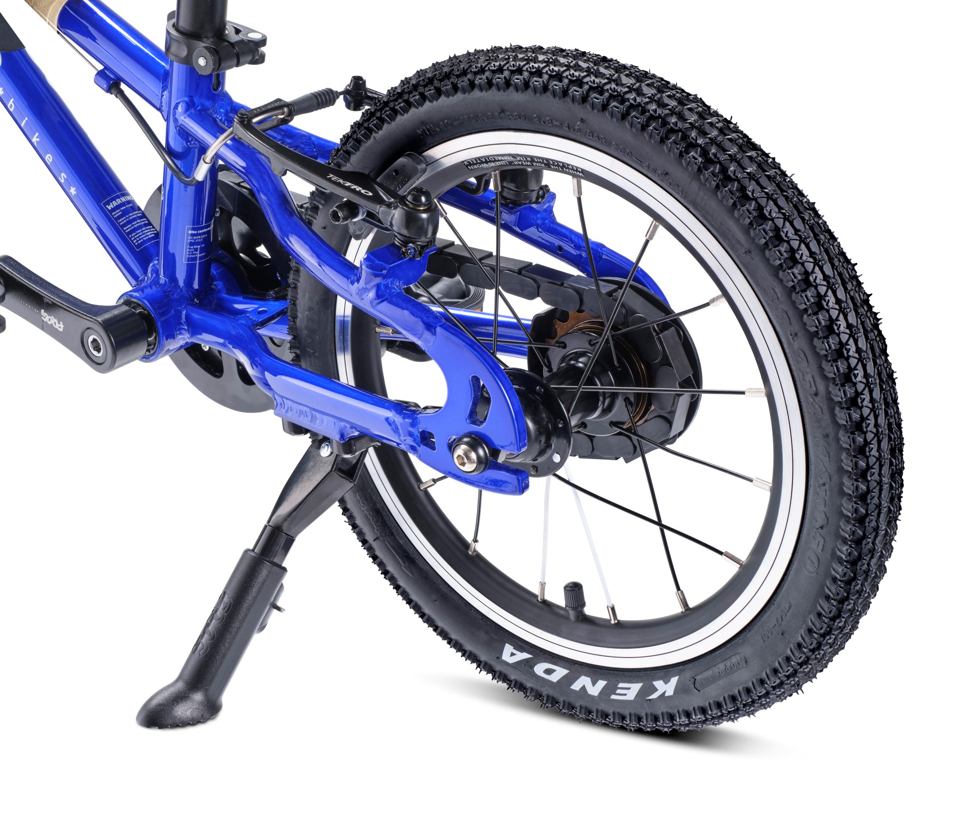 A close up of the kickstand of a electric blue Frog 38 bike