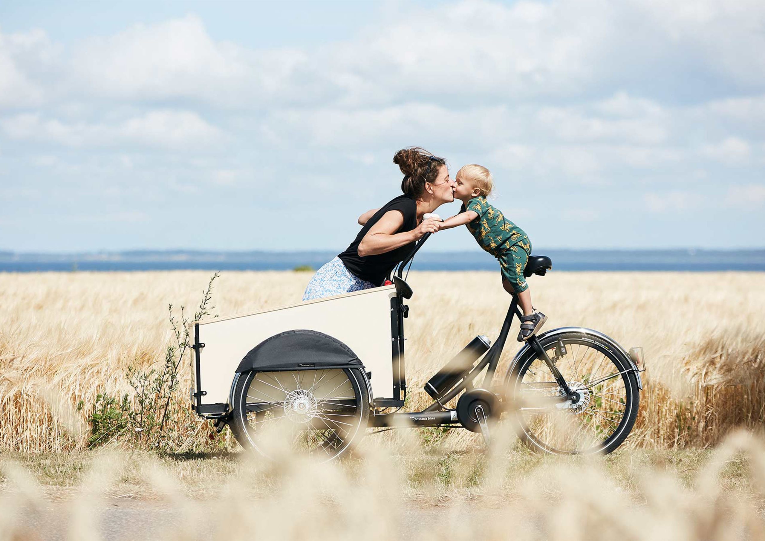Cargo bike with a child in a field