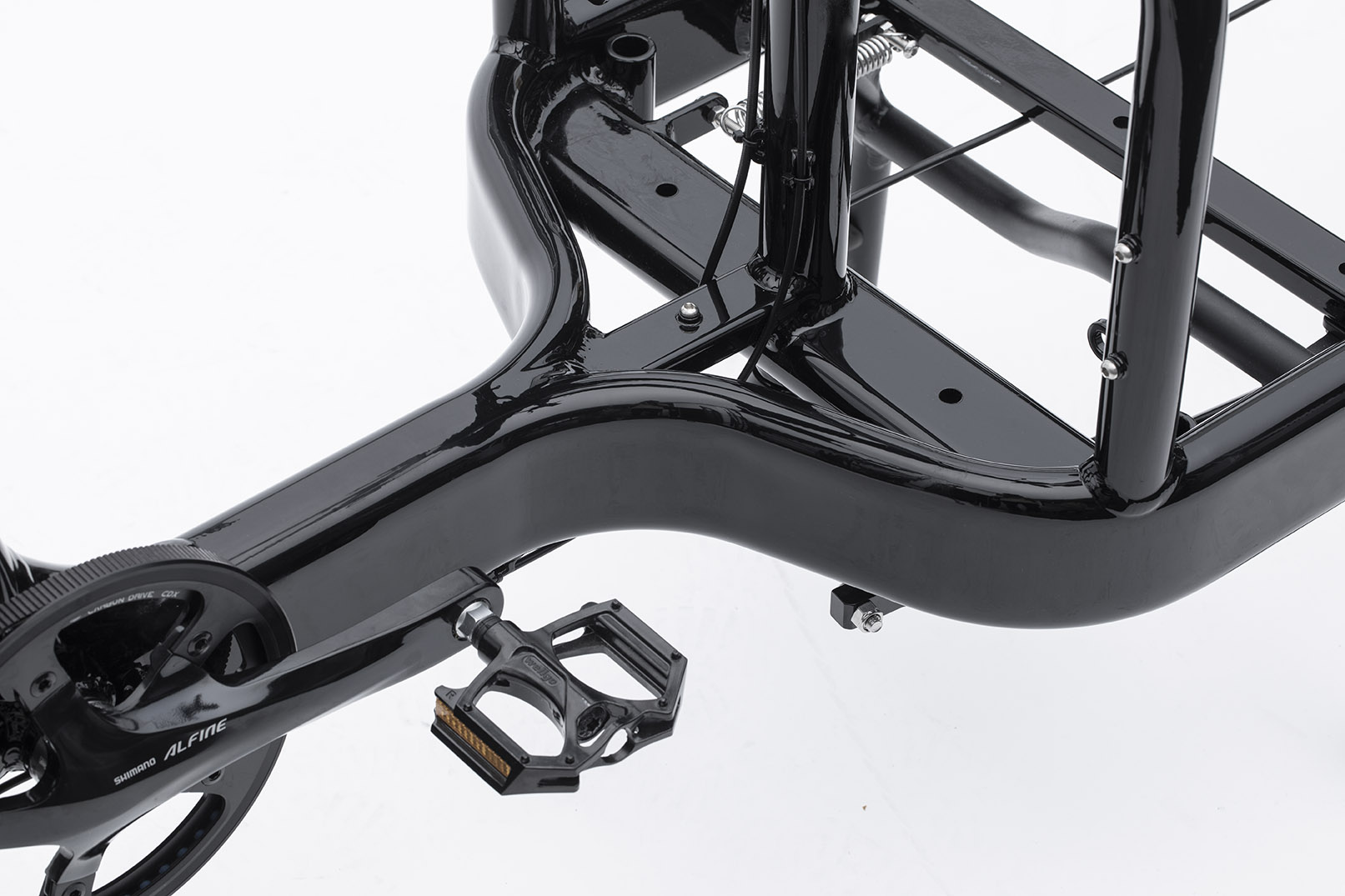 Close up of the frame of a Black Bullitt cargo bike