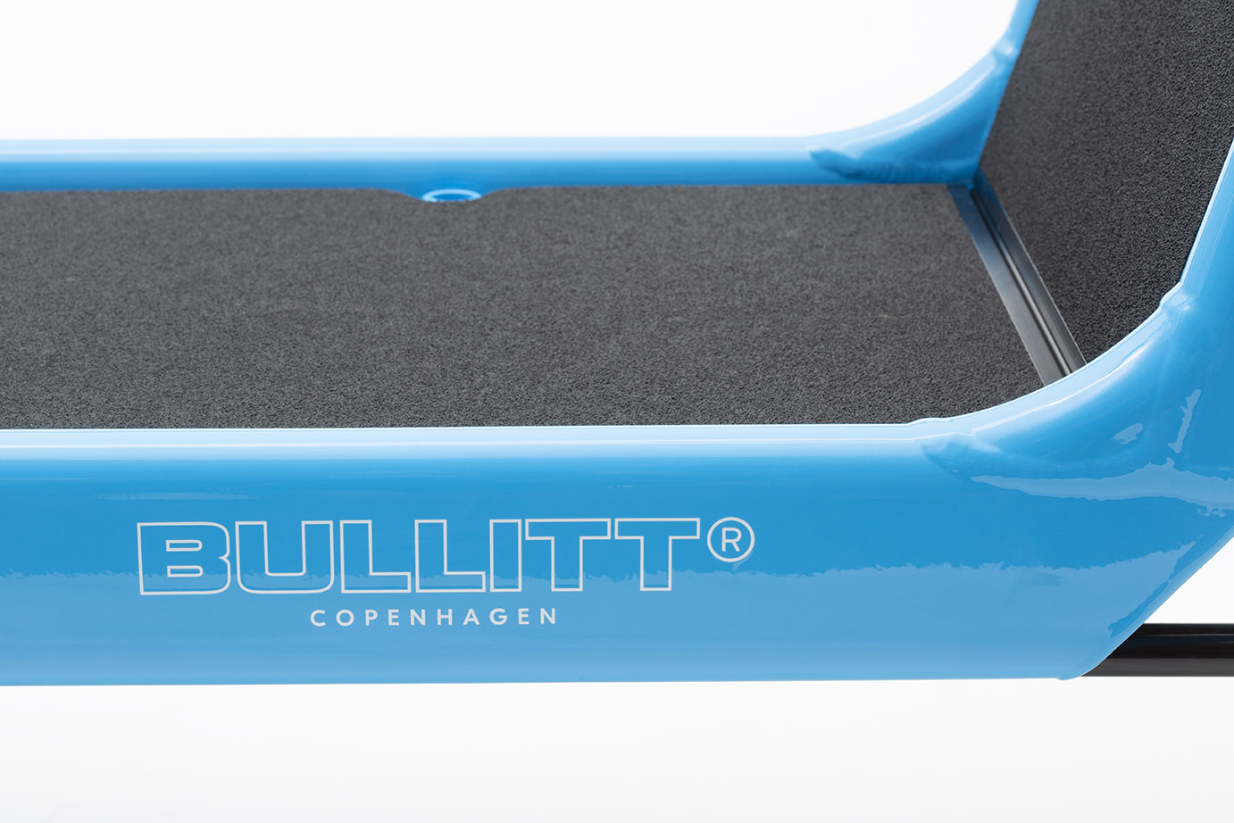 Close up of the rack of a Bluebird coloured Bullitt cargo bike