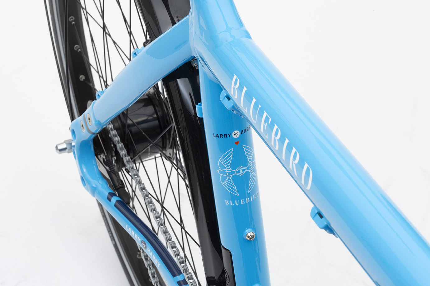 Close up of the toptube of a Bluebird coloured Bullitt cargo bike