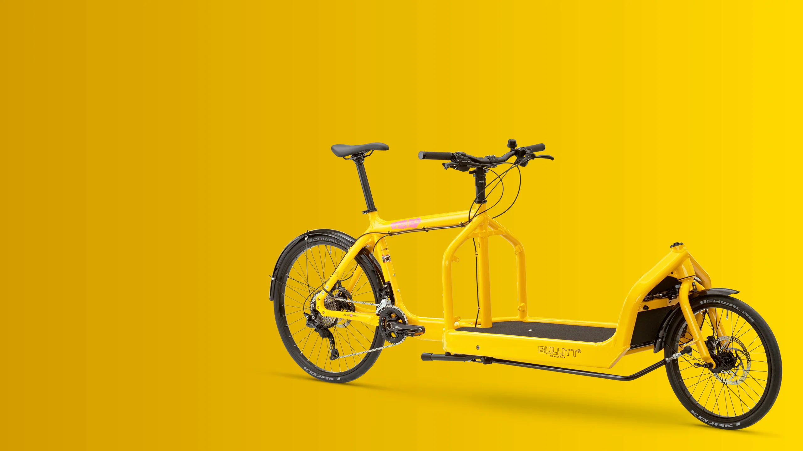 Angled view of a Bollocks coloured Bullitt cargo bike