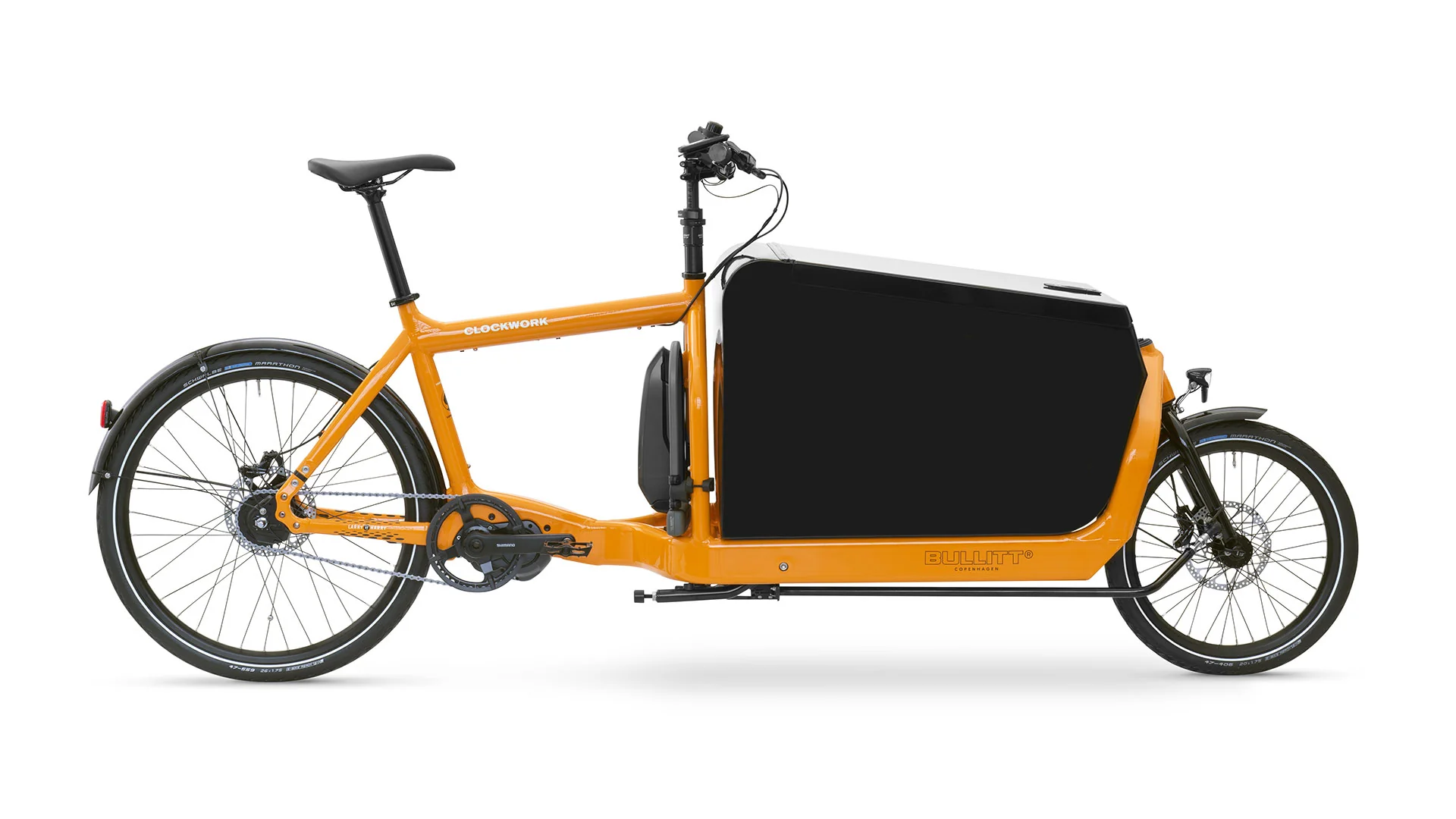 Side view of a Clockwork (orange) coloured Electric Bullitt cargo bike