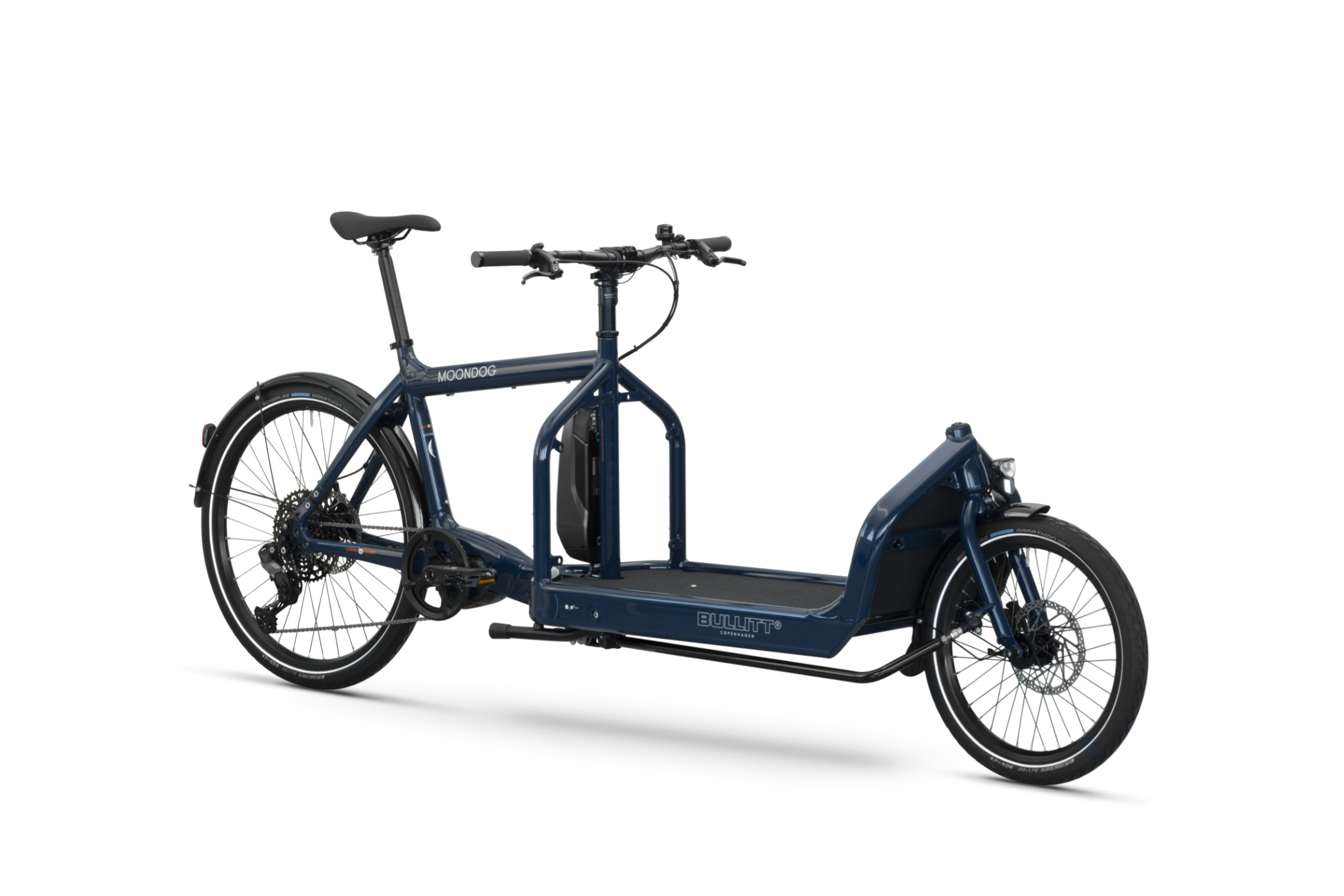Angled view of a Moondog (dark blue) coloured Electric Bullitt cargo bike