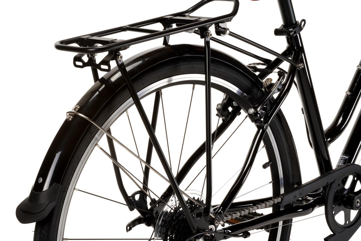 Rear wheel of a black Frog city bike 