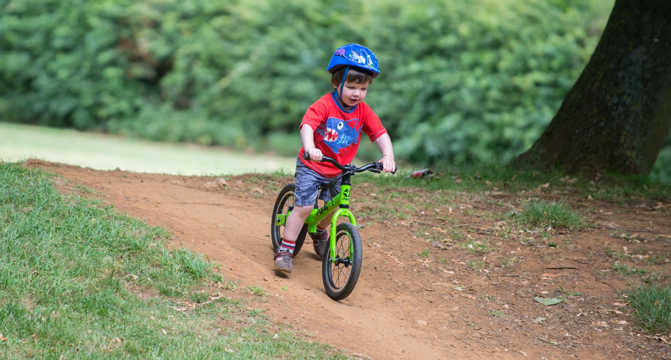 A child riding a green Frog Tadpole Plus bike